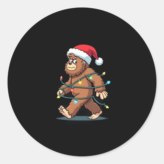 Bigfoot Santa Christmas Tree Lights Xmas Boys Men  Classic Round Sticker (Front)