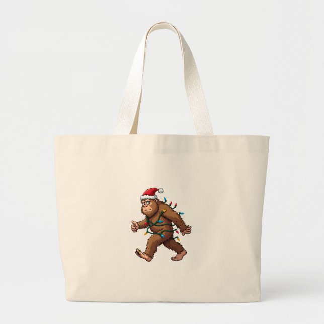 Bigfoot Santa Christmas Tree Lights Xmas Boys Men  Large Tote Bag (Front)