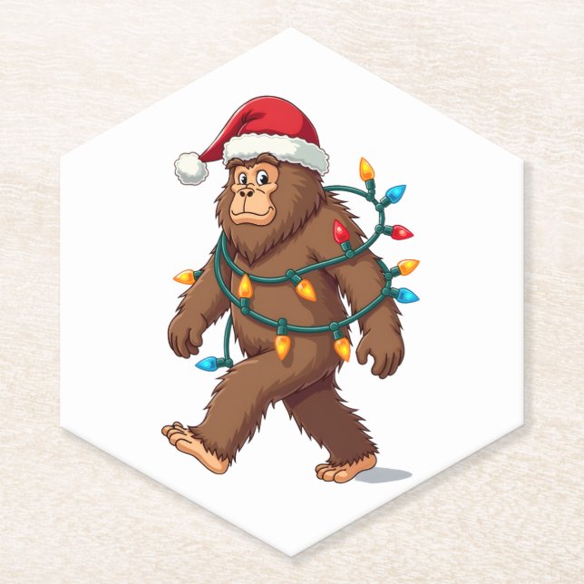Bigfoot Santa Christmas Tree Lights Xmas Boys Men  Paper Coaster (Front)