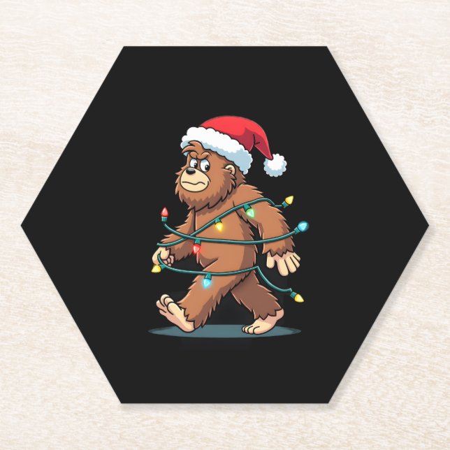 Bigfoot Santa Christmas Tree Lights Xmas Boys Men  Paper Coaster (Front)