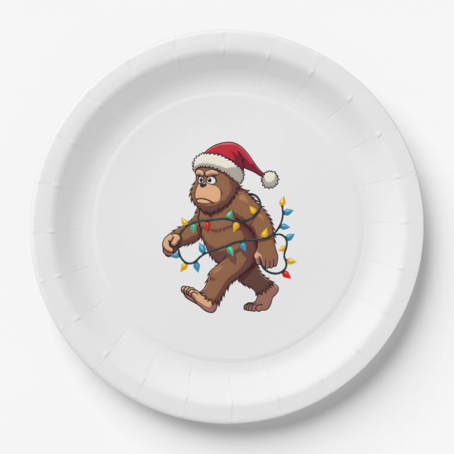 Bigfoot Santa Christmas Tree Lights Xmas Boys Men Paper Plate (Front)