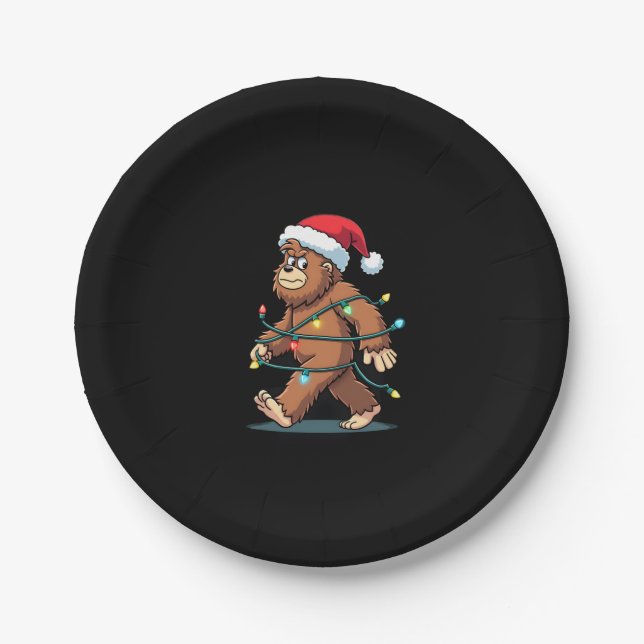 Bigfoot Santa Christmas Tree Lights Xmas Boys Men  Paper Plate (Front)