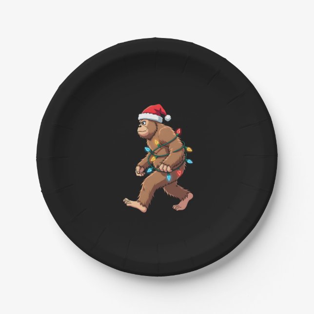 Bigfoot Santa Christmas Tree Lights Xmas Boys Men  Paper Plate (Front)