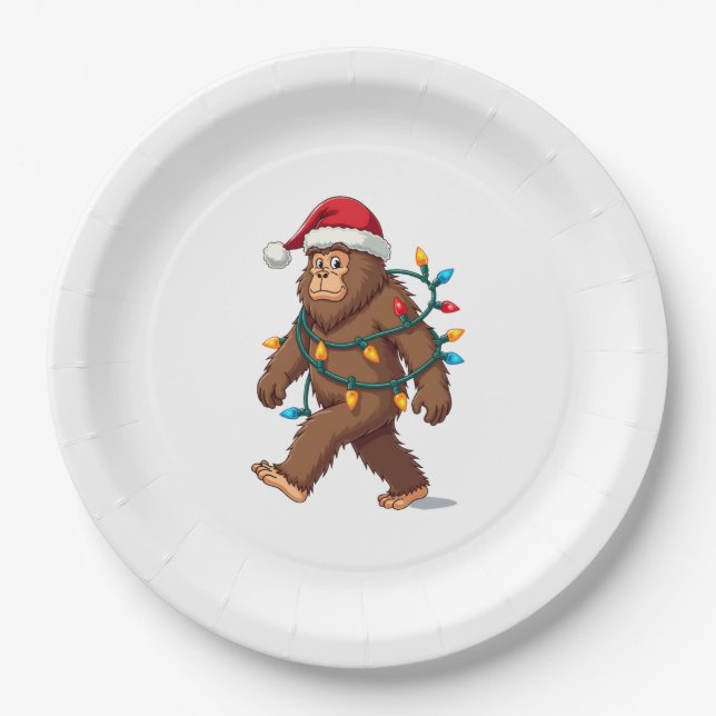 Bigfoot Santa Christmas Tree Lights Xmas Boys Men  Paper Plate (Front)