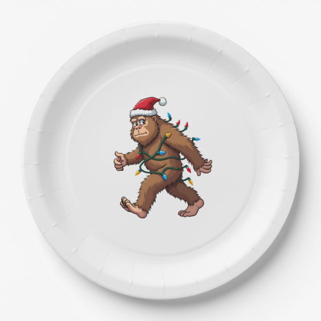Bigfoot Santa Christmas Tree Lights Xmas Boys Men  Paper Plate (Front)