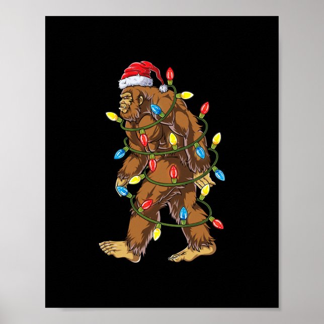 bigfoot santa christmas tree lights xmas boys men  poster (Front)