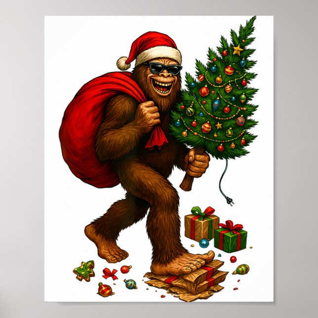 Bigfoot Santa Christmas Tree Lights Xmas Boys Men  Poster (Front)