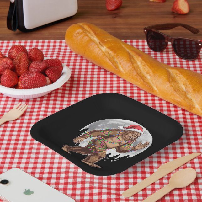 Bigfoot Santa Christmas Tree Lights Xmas Sasquatch Paper Plate (Picnic)