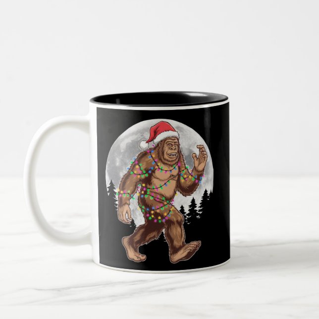 Bigfoot Santa Christmas Tree Lights Xmas Sasquatch Two-Tone Coffee Mug (Left)