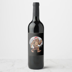 Bigfoot Santa Christmas Tree Lights Xmas Sasquatch Wine Label