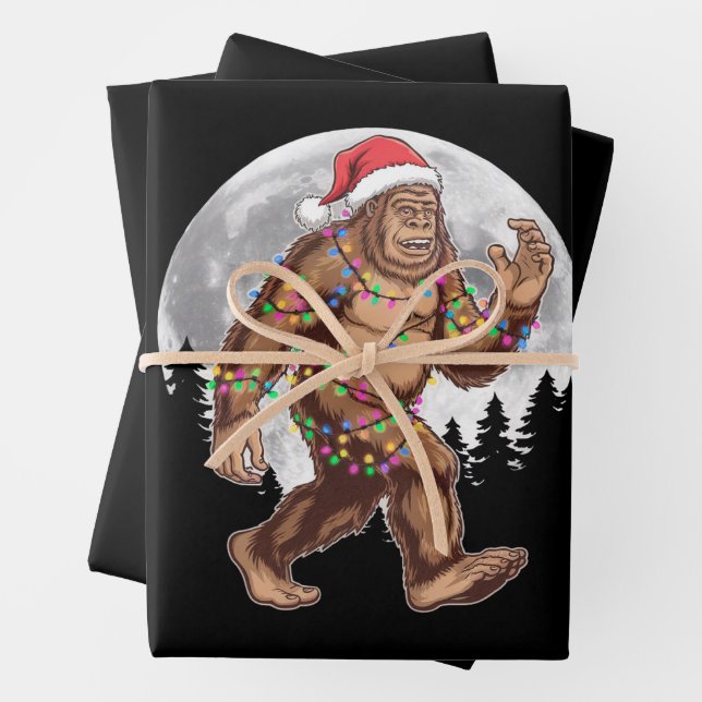 Bigfoot Santa Christmas Tree Lights Xmas Sasquatch Wrapping Paper Sheet (In situ)