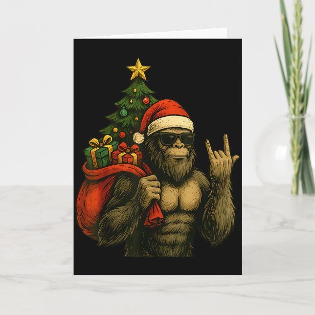 Bigfoot Santa Christmas Tree Rock On Funny Xmas Sa Card (Front)