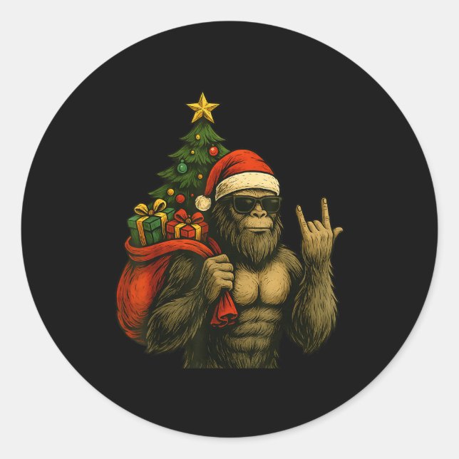 Bigfoot Santa Christmas Tree Rock On Funny Xmas Sa Classic Round Sticker (Front)