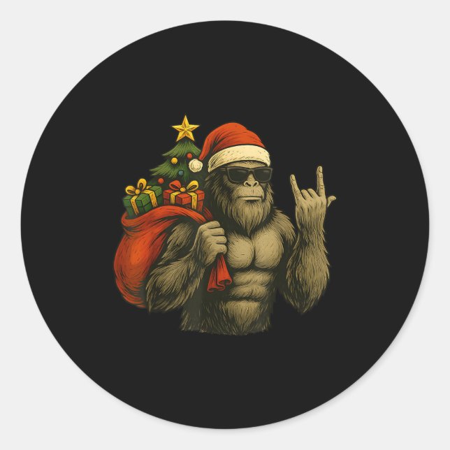 Bigfoot Santa Christmas Tree Rock On Funny Xmas Sa Classic Round Sticker (Front)