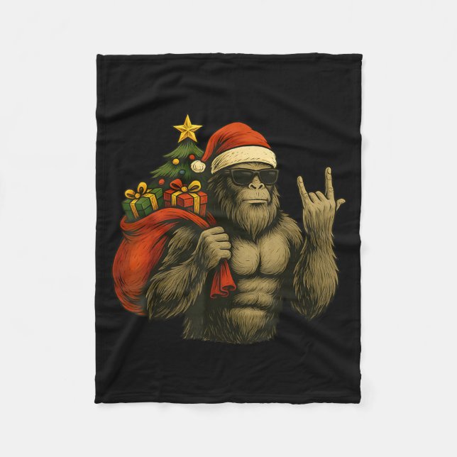 Bigfoot Santa Christmas Tree Rock On Funny Xmas Sa Fleece Blanket (Front)