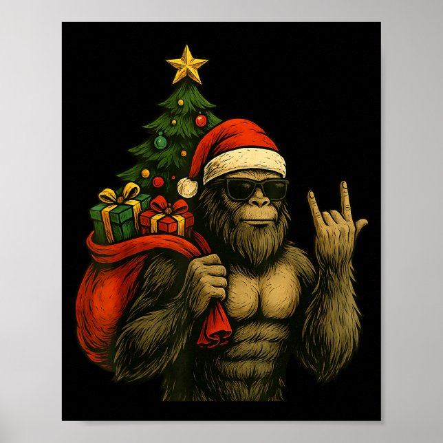 Bigfoot Santa Christmas Tree Rock On Funny Xmas Sa Poster (Front)