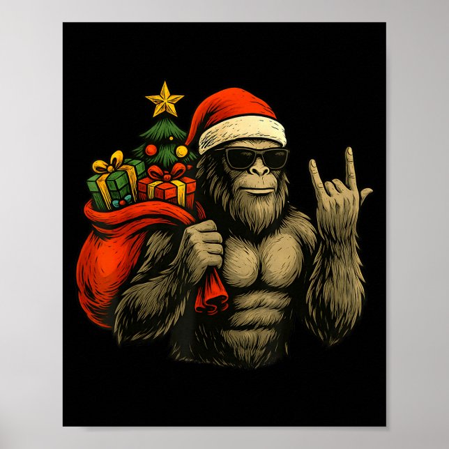Bigfoot Santa Christmas Tree Rock On Funny Xmas Sa Poster (Front)