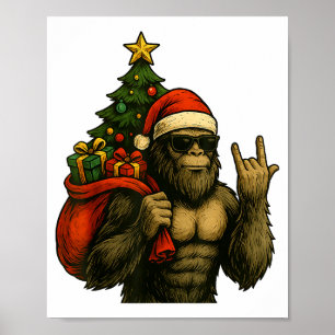 Bigfoot Santa Christmas Tree Rock On Funny Xmas Sa Poster