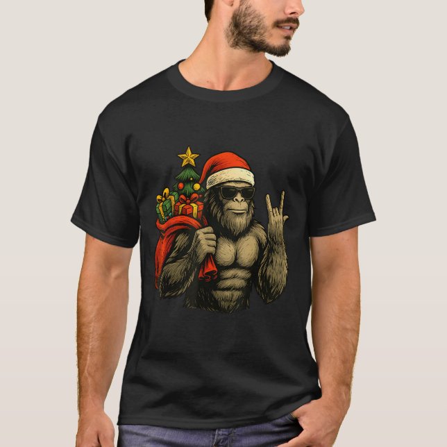 Bigfoot Santa Christmas Tree Rock On Funny Xmas Sa T-Shirt (Front)