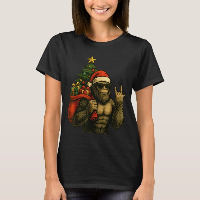 Bigfoot Santa Christmas Tree Rock On Funny Xmas Sa T-Shirt (Front)