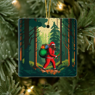 Bigfoot Santa Claus Sack of Gifts Ceramic Ornament