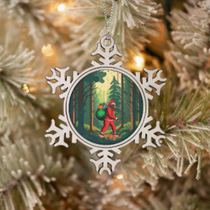 Bigfoot Santa Claus Sack of Gifts Snowflake Pewter Christmas Ornament