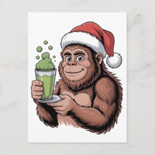 Bigfoot Santa Funny Sasquatch Holding Matcha Xmas Invitation Postcard