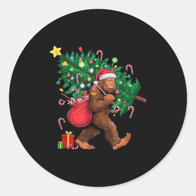 Bigfoot Santa Most Wonderful Christmas Tree Lights Classic Round Sticker (Front)