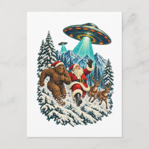 Bigfoot Santa UFO Abduction Christmas Sasquatch Holiday Postcard