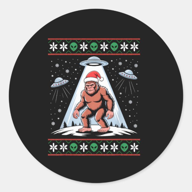 Bigfoot Santa Ufo Alien Funny Ugly Christmas Sweat Classic Round Sticker (Front)
