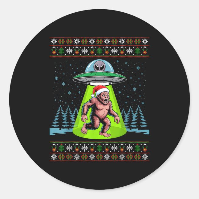 Bigfoot Santa Ufo Sasquatch Funny Ugly Christmas S Classic Round Sticker (Front)