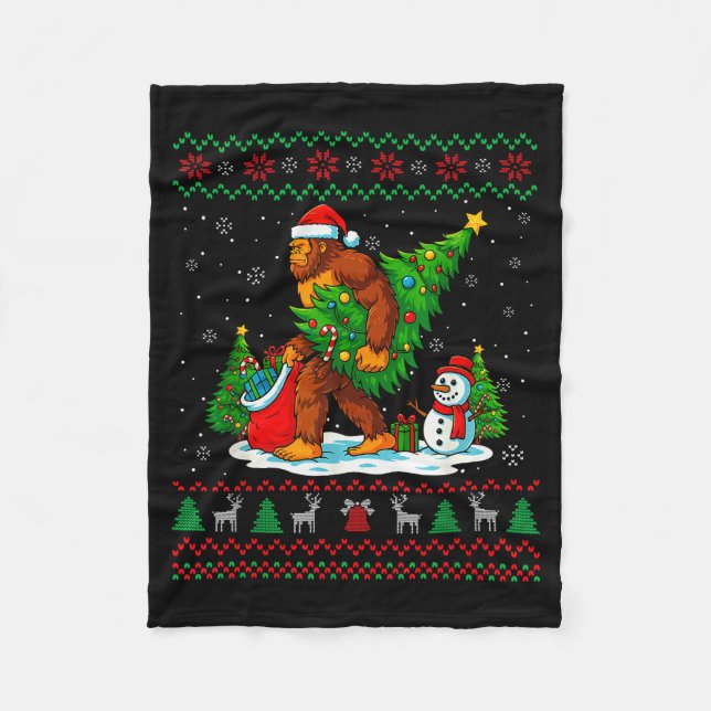Bigfoot Santa Ugly Christmas Tree Funny Xmas Light Fleece Blanket (Front)