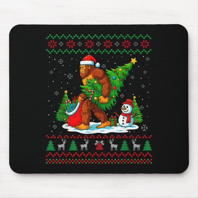 Bigfoot Santa Ugly Christmas Tree Funny Xmas Light Mouse Mat (Front)
