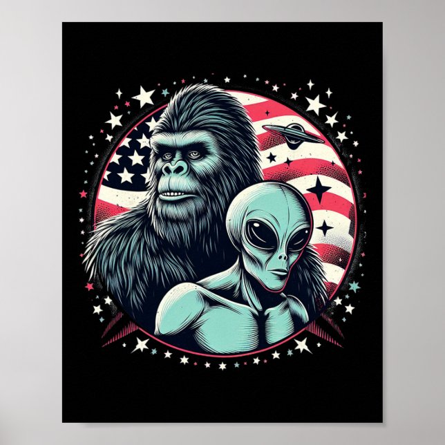 Bigfoot Sasquatch Alien Amp Bigfoot Usa Flag Fathe Poster (Front)