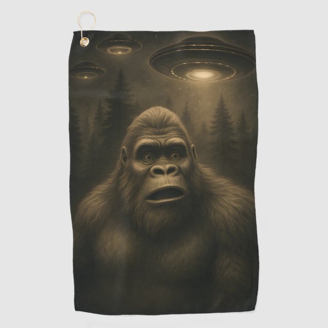 Bigfoot Sasquatch Alien UFO Funny Golf Towel (Front)