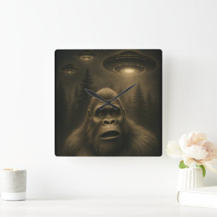 Bigfoot Sasquatch Alien UFO Funny Square Wall Clock