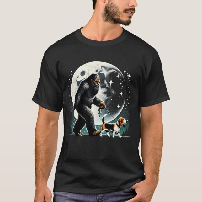 Bigfoot Sasquatch Basset Hound Walking Dog Lover T-Shirt (Front)
