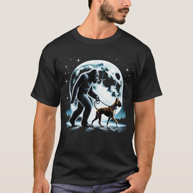 Bigfoot Sasquatch Boxer Walking Dog Lover Moon T-Shirt (Front)