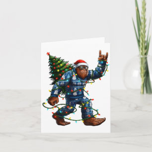Bigfoot Sasquatch Christmas Tree Santa Hat Lights Card