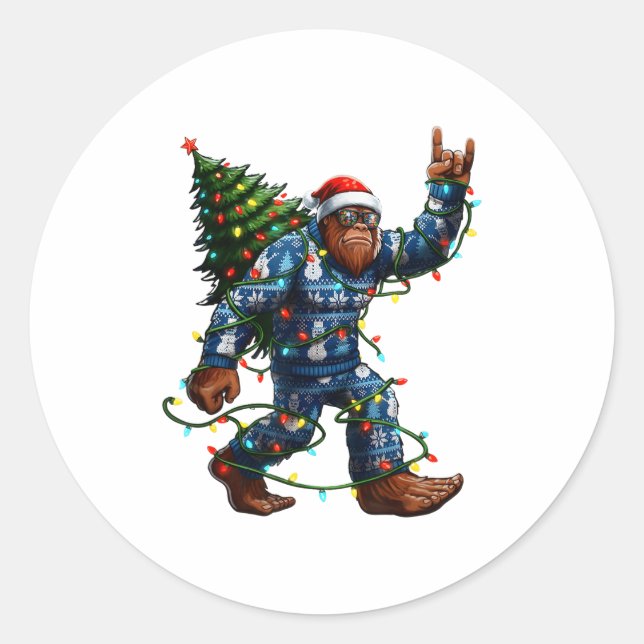 Bigfoot Sasquatch Christmas Tree Santa Hat Lights  Classic Round Sticker (Front)