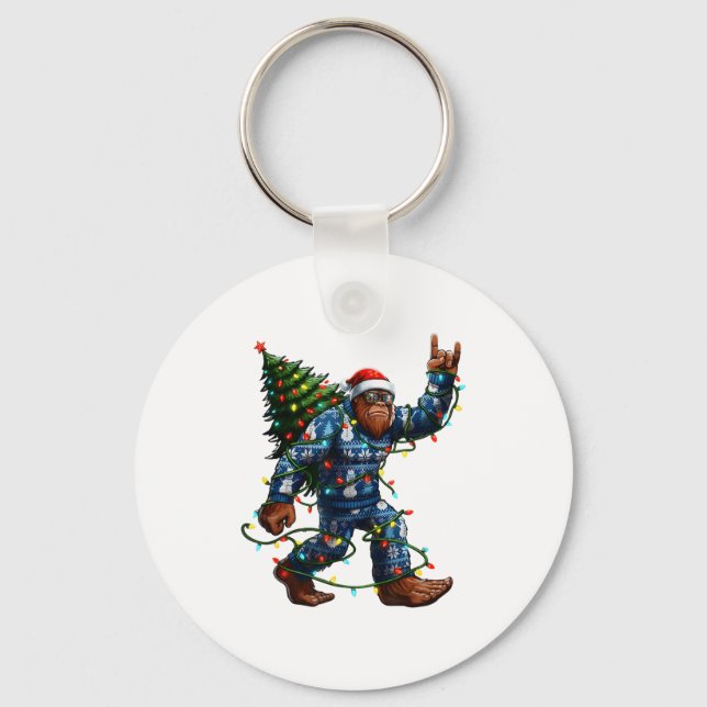 Bigfoot Sasquatch Christmas Tree Santa Hat Lights  Key Ring (Front)