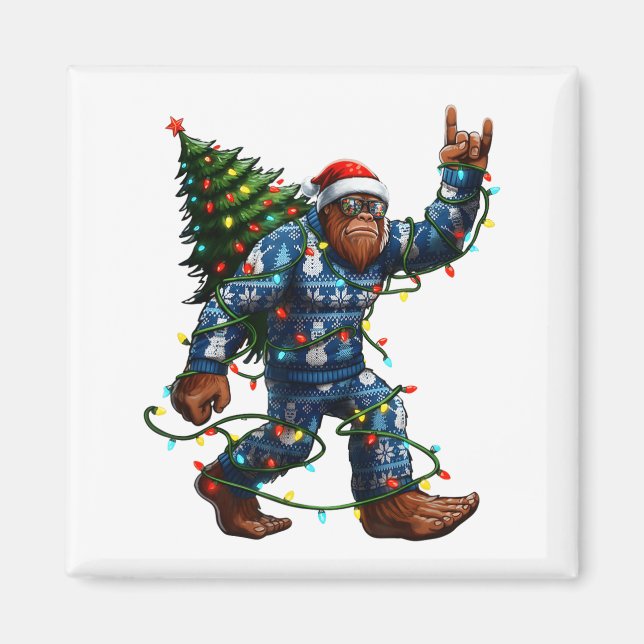 Bigfoot Sasquatch Christmas Tree Santa Hat Lights  Magnet (Front)