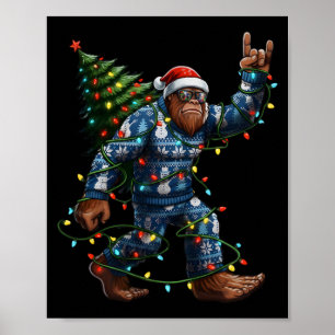Bigfoot Sasquatch Christmas Tree Santa Hat Lights  Poster