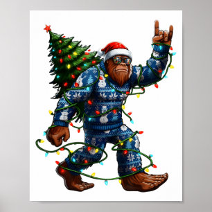Bigfoot Sasquatch Christmas Tree Santa Hat Lights  Poster