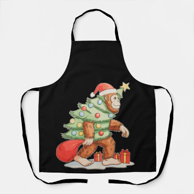 Bigfoot Sasquatch Christmas Tree Xmas Lights Apron (Front)