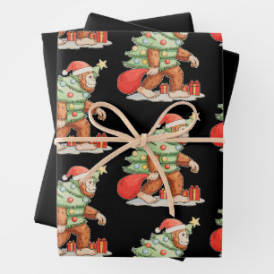 Bigfoot Sasquatch Christmas Tree Xmas Lights Wrapping Paper Sheet