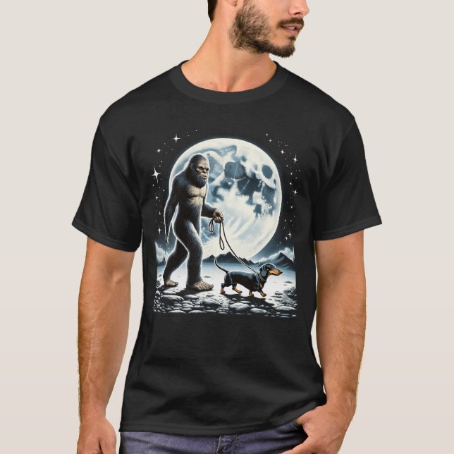 Bigfoot Sasquatch Dachshund Walking Dog Lover Moon T-Shirt (Front)