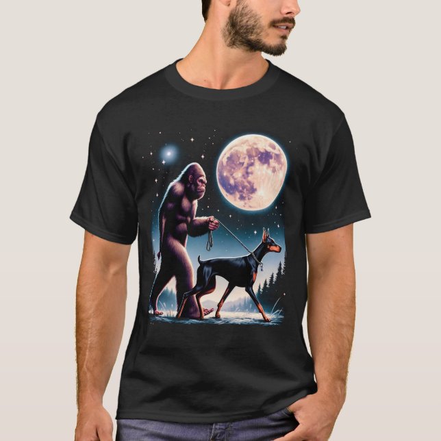 Bigfoot Sasquatch Doberman Walking Dog Lover Moon T-Shirt (Front)