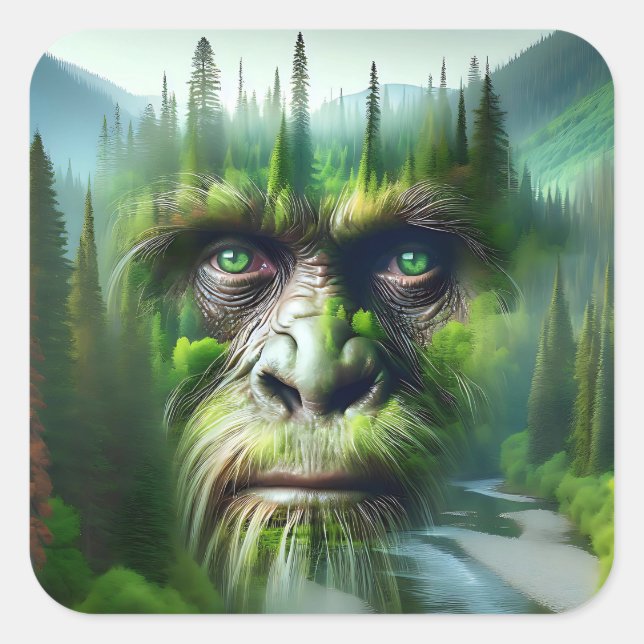 Bigfoot Sasquatch Double Exposure with Forest Square Sticker (Front)