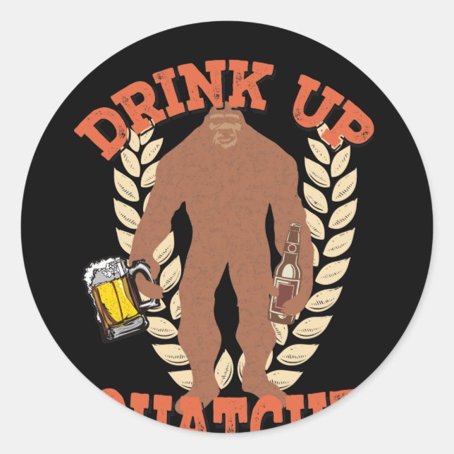 Bigfoot Sasquatch Drinking Beer Classic Round Sticker (Front)